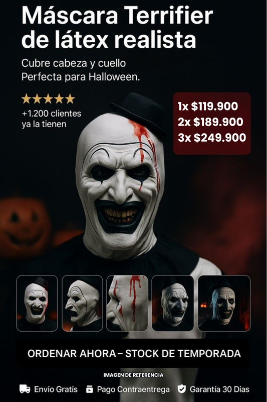 Mascara Terrifier - Latex Realista - Cubre cabeza y cuello