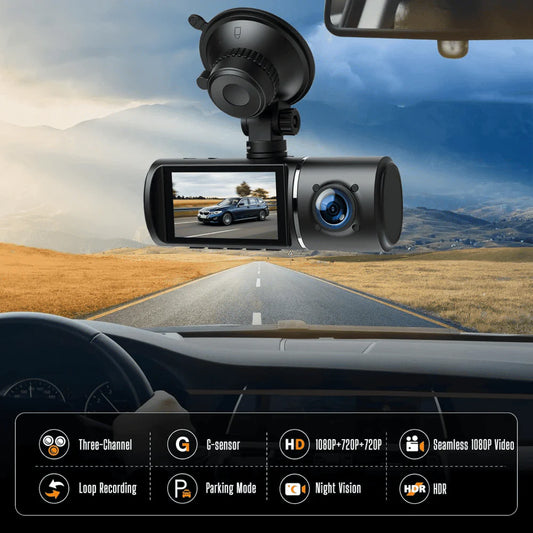 Cámara Carro | Dash Cam 1080p G-sensor 3 canales (Camara exterior, interior y trasera)