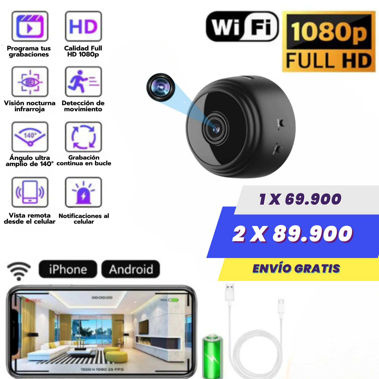 Mini Cámara de Seguridad Full HD 4K UltraVision™ | Con Micfrofono Incluido.